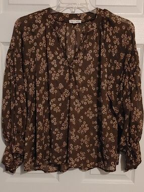 Blu Pepper Shear Brown Floral Peasant Blouse with Cream Accents Women's Sz Large